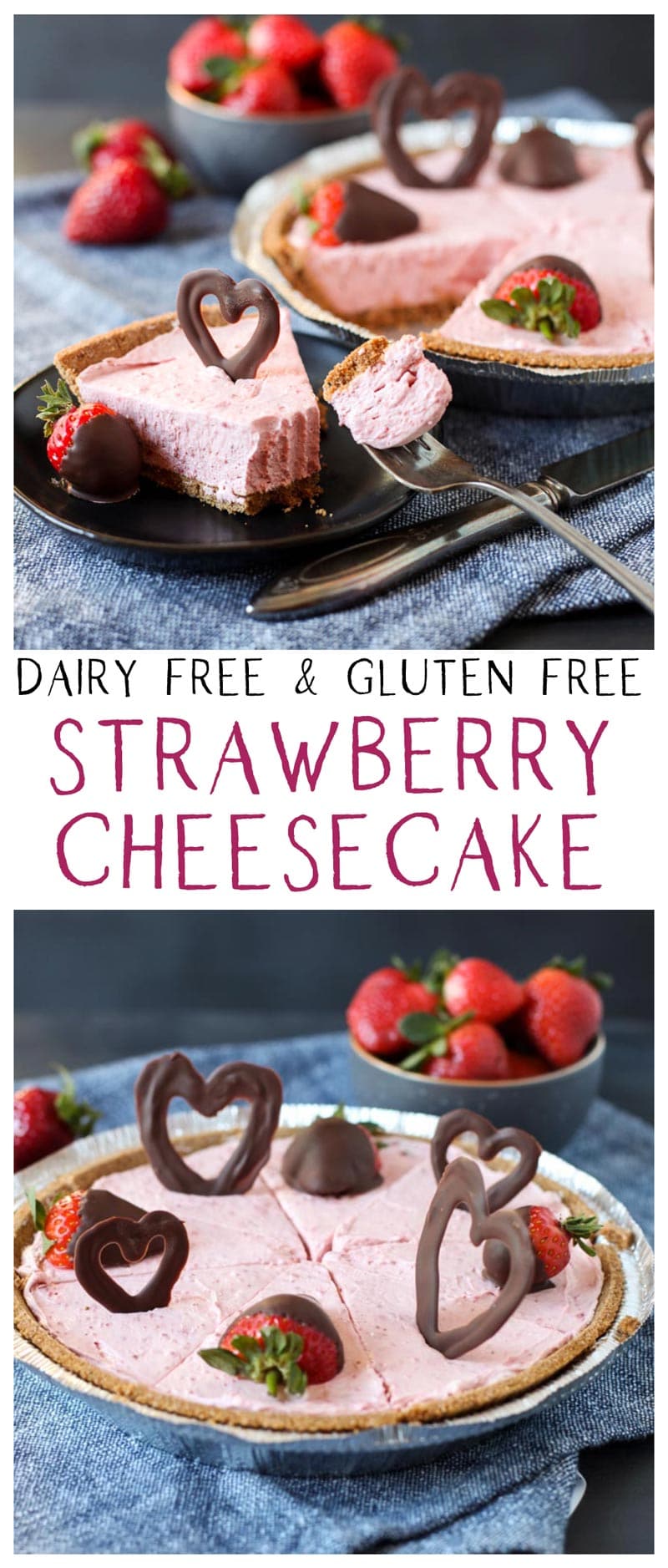 image collage of vegan strawberry cheesecake with chocolate hearts