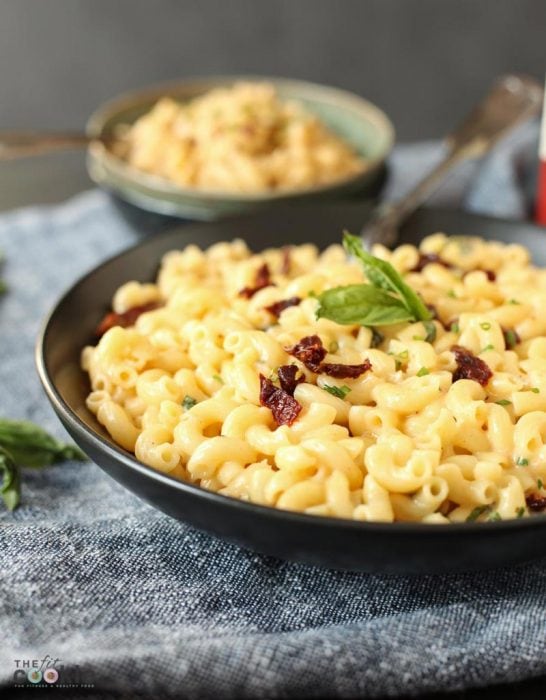 close up shot of vegan dairy free mac and cheese in a large pasta bowl 