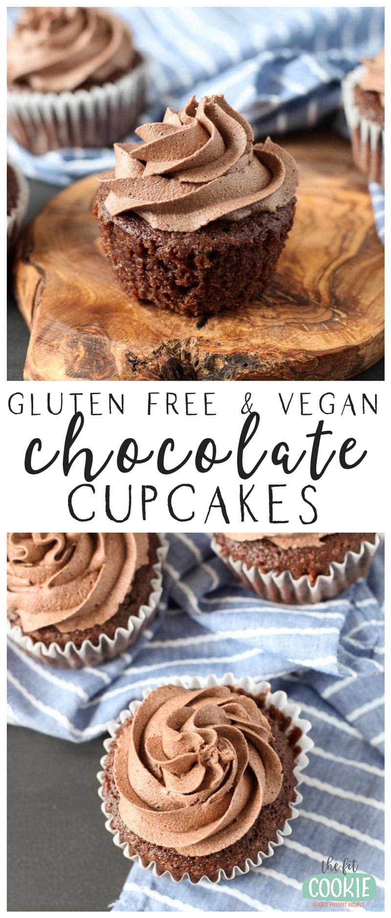 collage image of gluten free chocolate cupcakes on a wood board