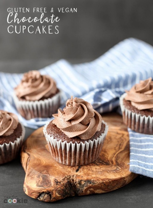 gluten free chocolate cupcake on wood board with text overlay