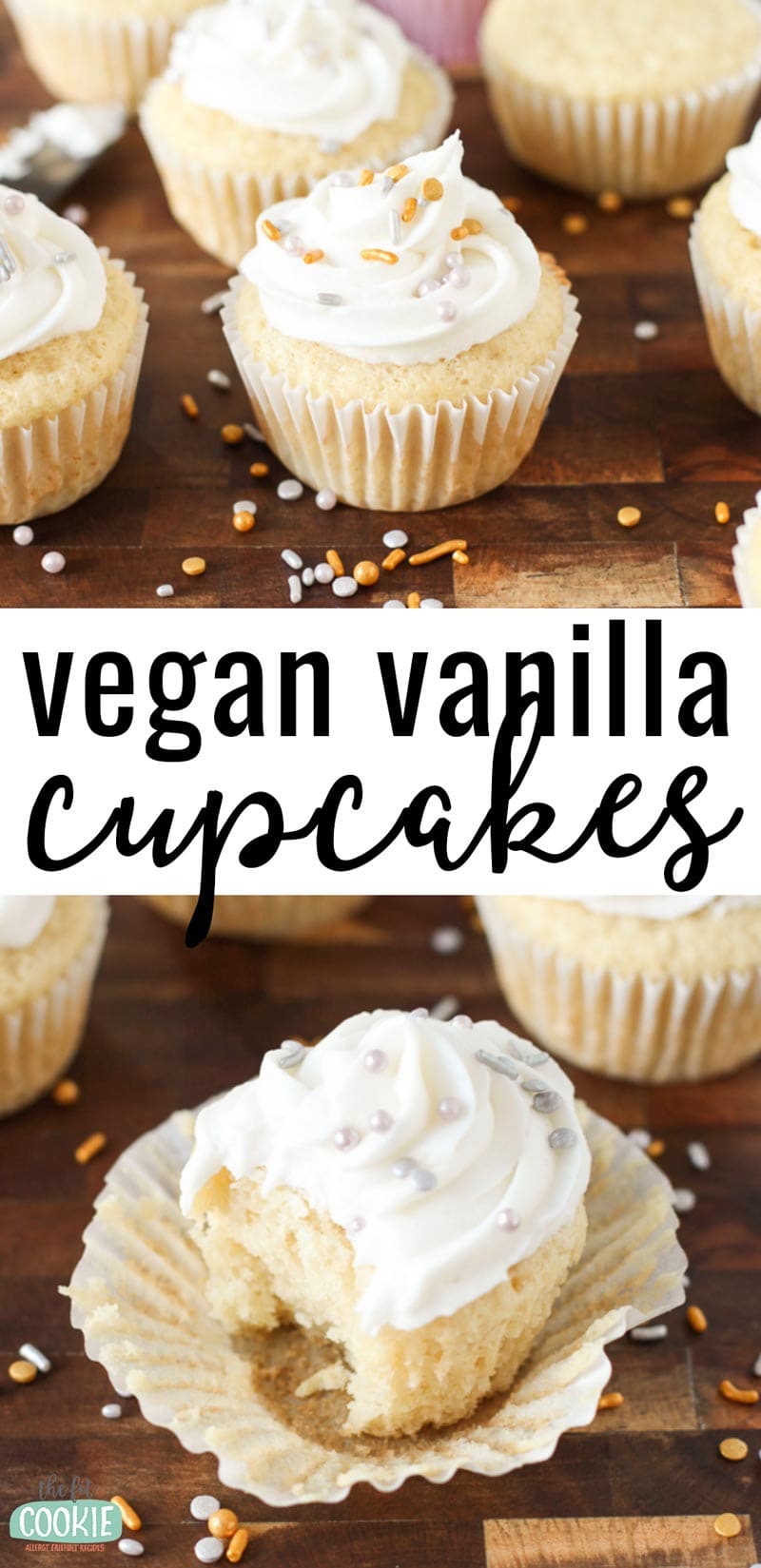 image collage of vegan vanilla cupcakes with white vanilla frosting and gold and silver sprinkles