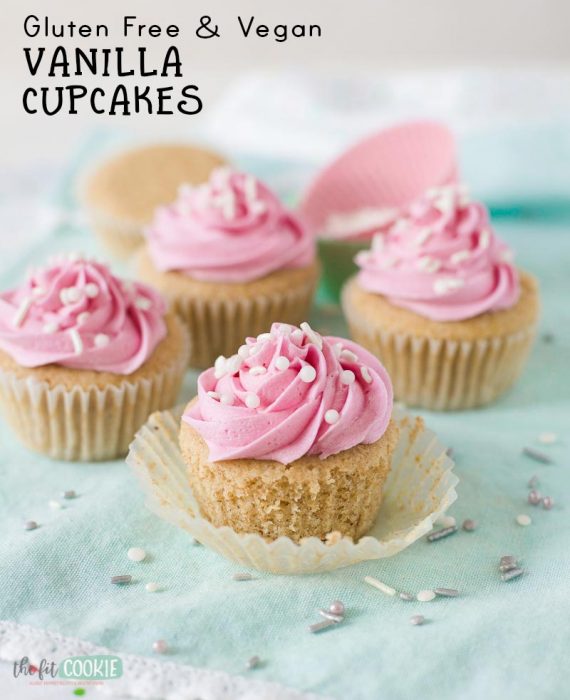 vegan gluten free vanilla cupcake on a cupcake paper topped with pink vegan frosting