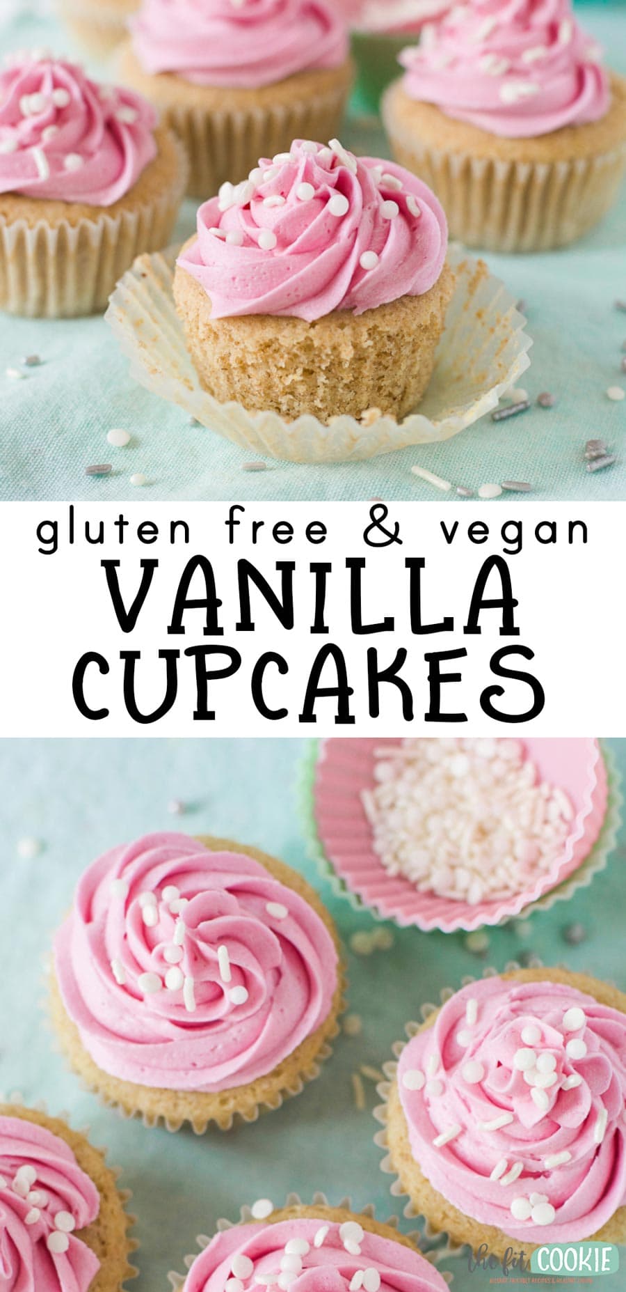 image collage of gluten free vegan vanilla cupcakes with pink frosting