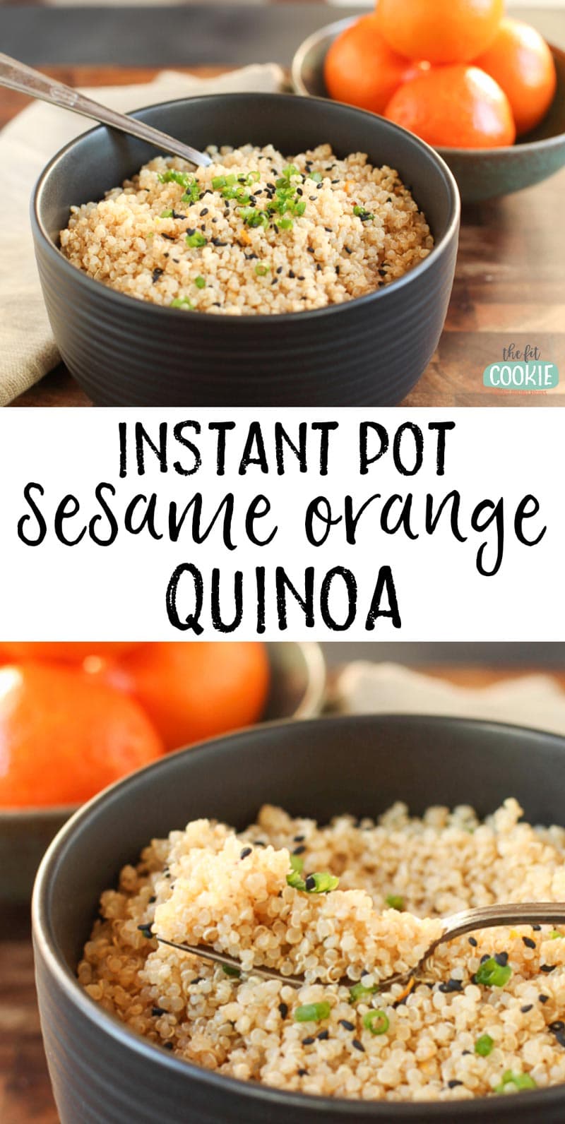 image collage of black bowl filled with gluten free sesame orange instant pot quinoa