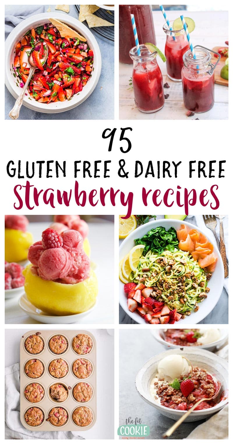Photo collage with text of various dairy free gluten free strawberry recipes 