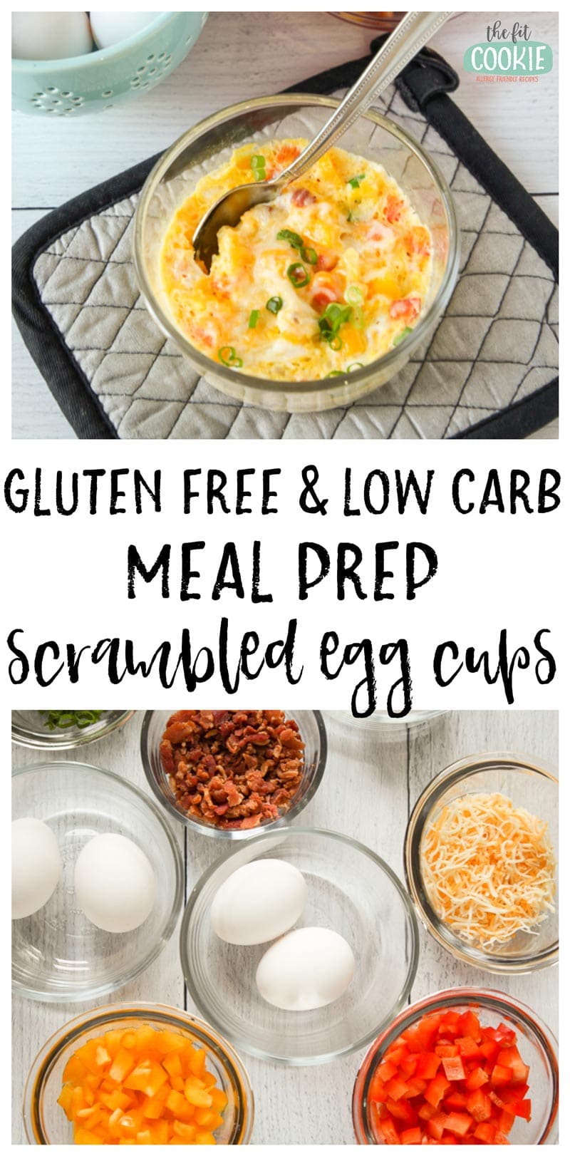 image collage of gluten free and low carb scrambled egg cups in glass bowls