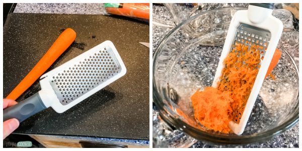microplane grater and finely shredded carrots for carrot cake