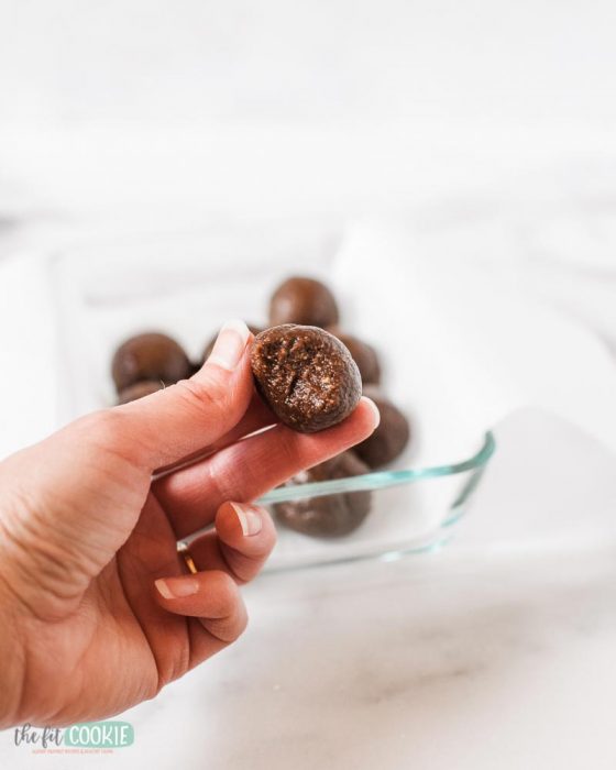hand holding a paleo brownie protein ball with a bite taken