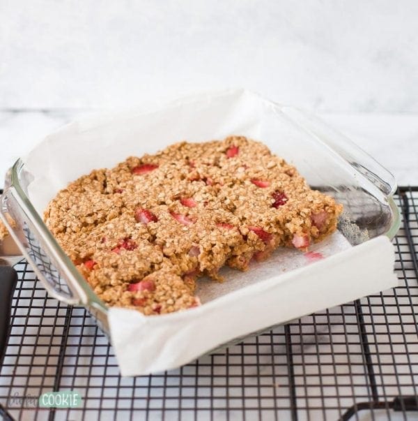 gluten free strawberry baked oatmeal in a glass baking dish