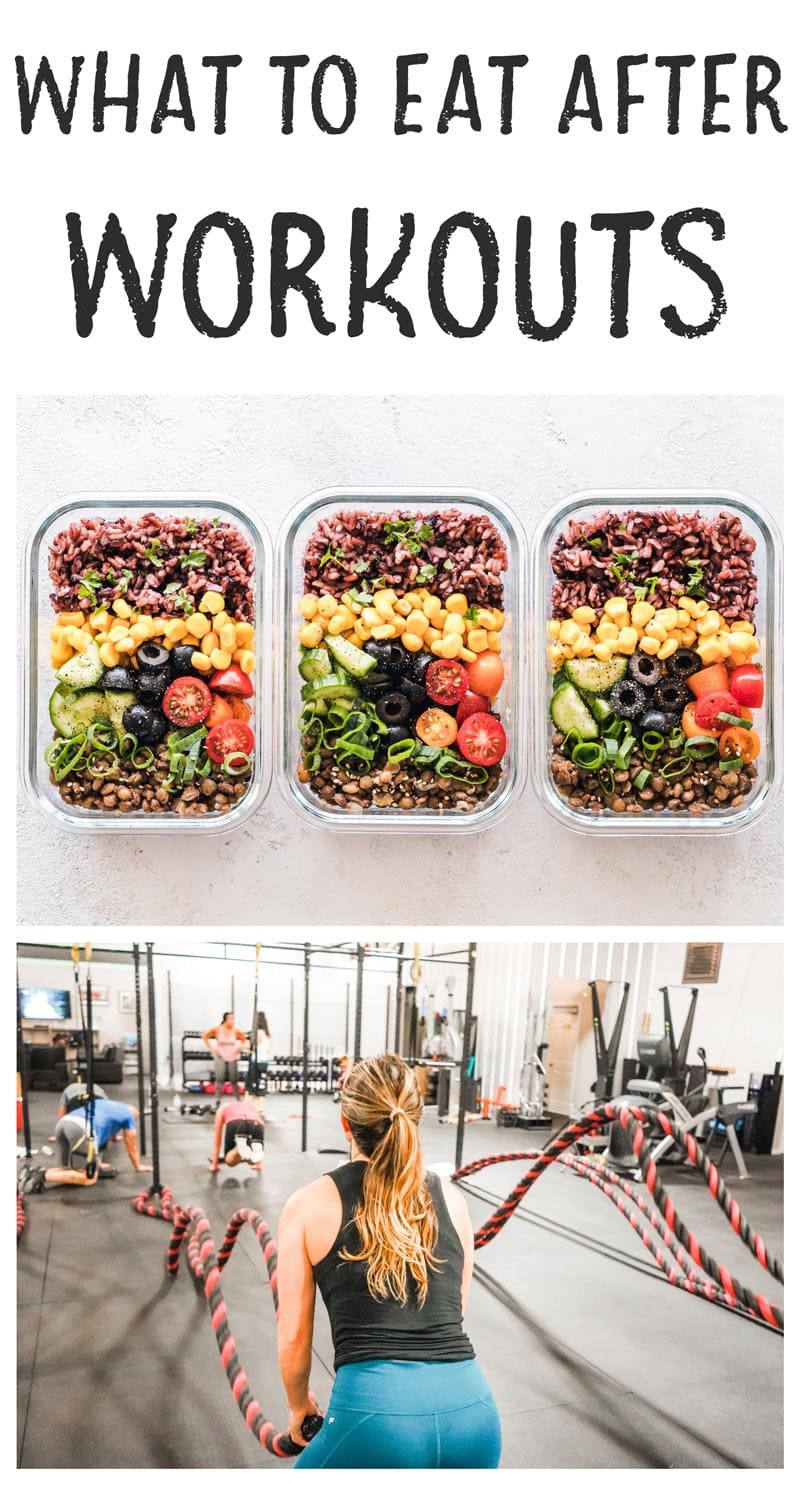 Image collage of healthy food and a woman working out, with text overlay that says "what to eat after workouts"