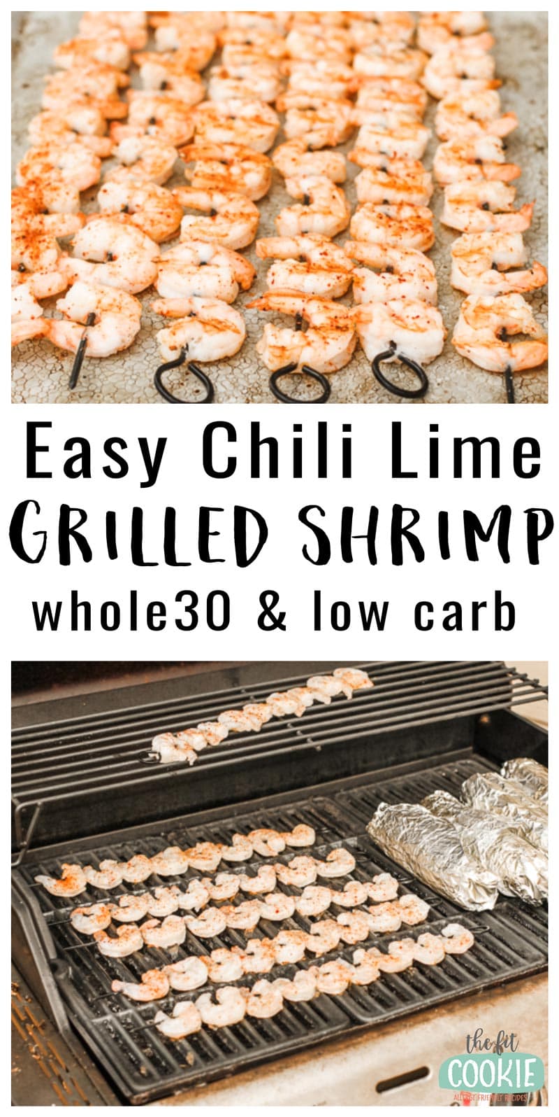 image collage of grilled shrimp on skewers on a grill