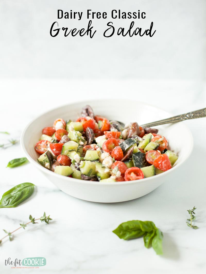 dairy free greek vegetable salad with dairy free feta cheese.