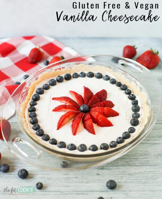 4th of july cheesecake in a glass pie dish with text overlay