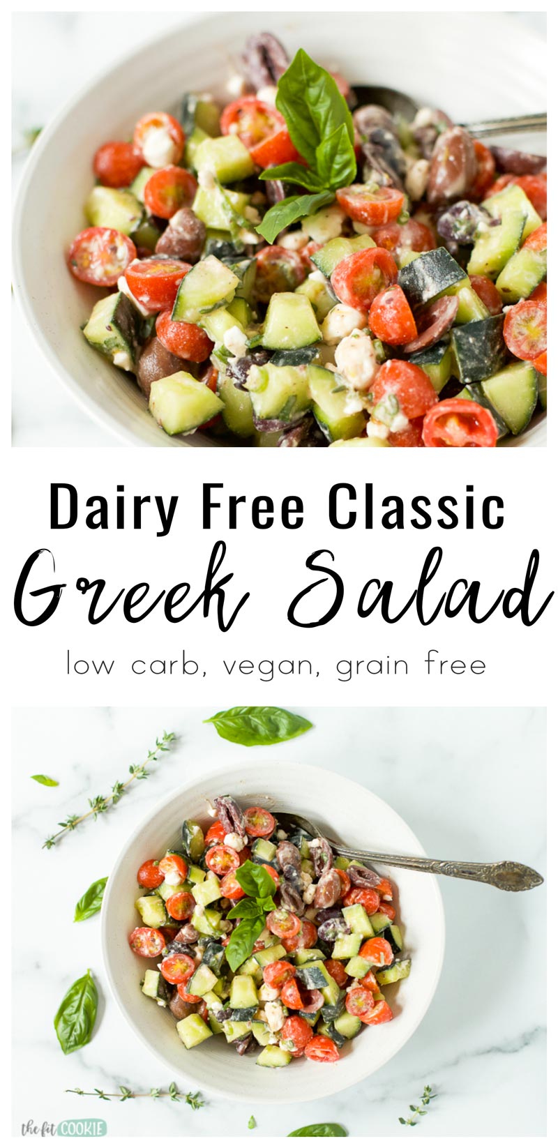 Photo collage of vegan greek salad in a white bowl