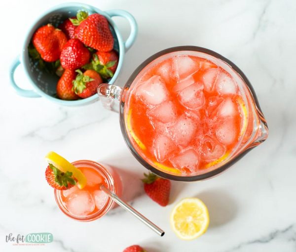 overhead photo of sparkling strawberry lemonade with no added sugar