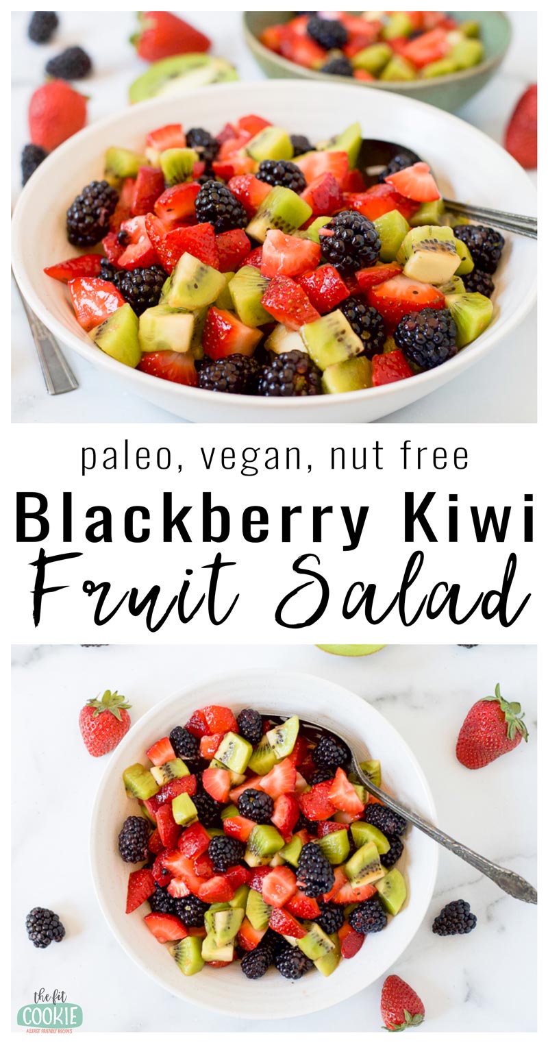 image collage of blackberry kiwi fruit salad in a white bowl 