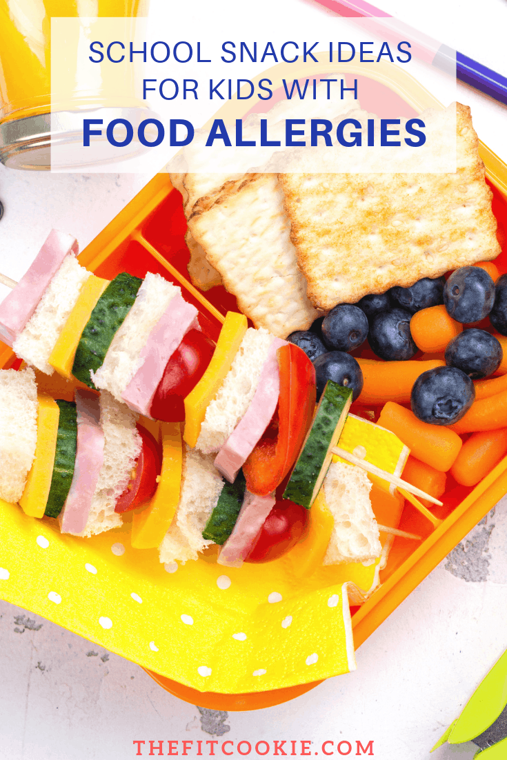 colorful lunch box meal with text overlay "school snack ideas for kids with food allergies"