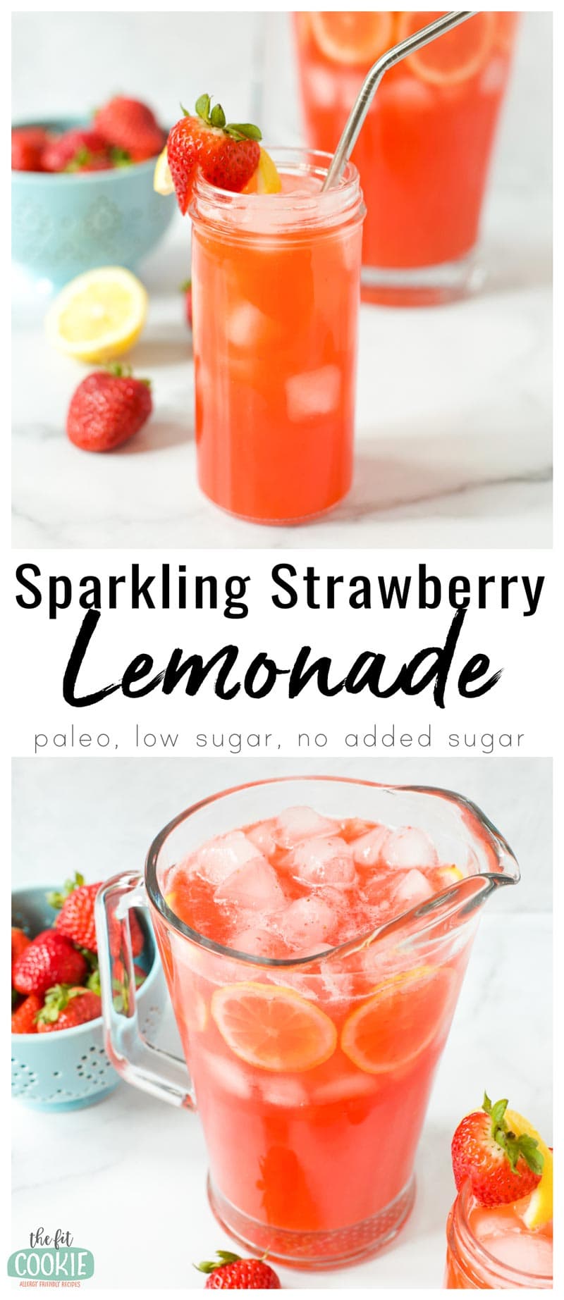 photo collage of low sugar strawberry sparkling lemonade