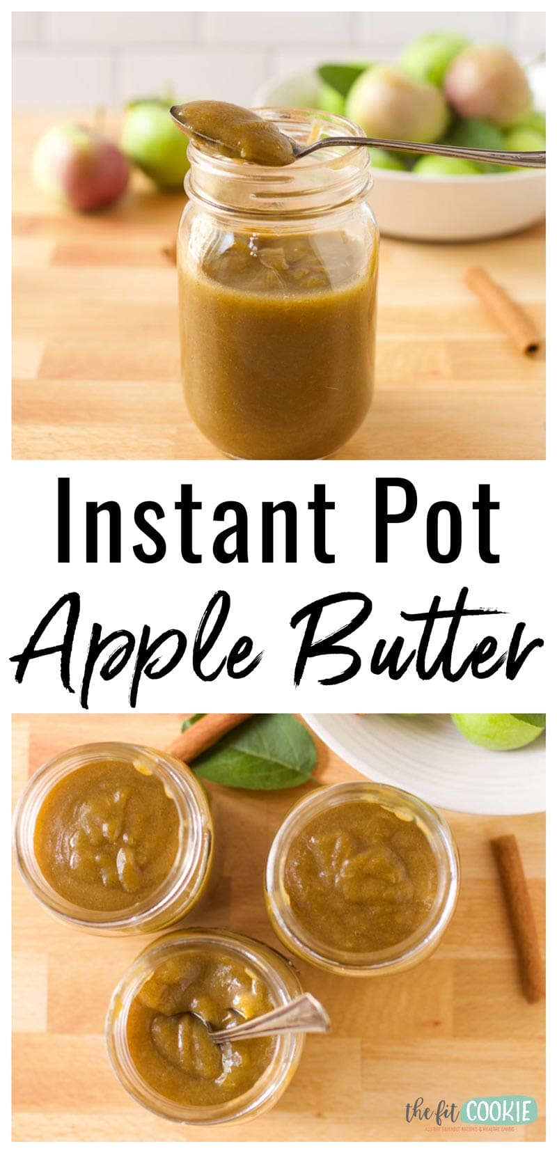 photo collage showing jars of homemade apple butter made in the instant pot. 