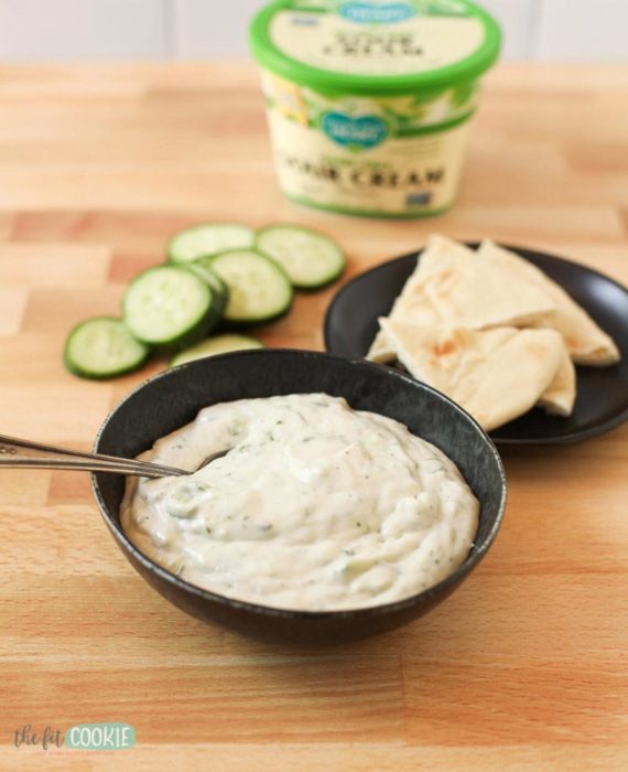 dairy free tzatziki in a black bowl