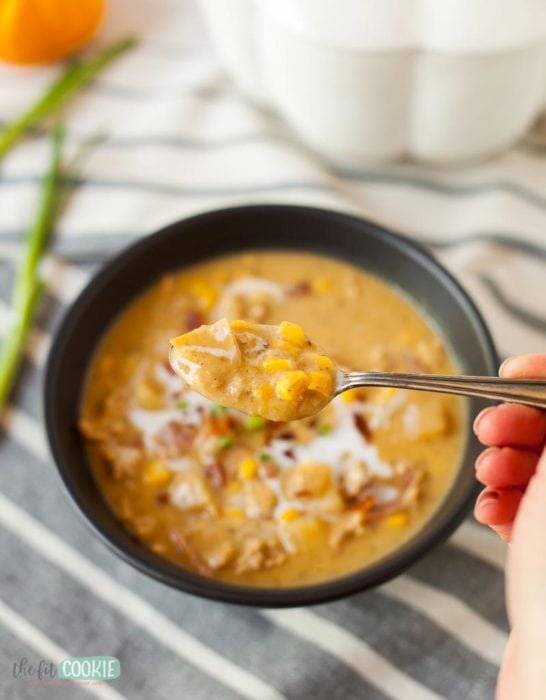 spoonful of dairy free gluten free chowder made in the slow cooker and instant pot