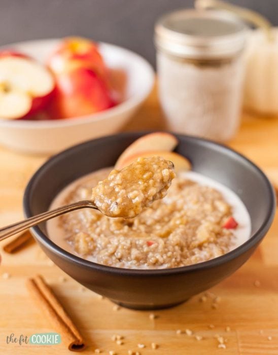 gluten free steel cut oats in a bowl and on a spoon