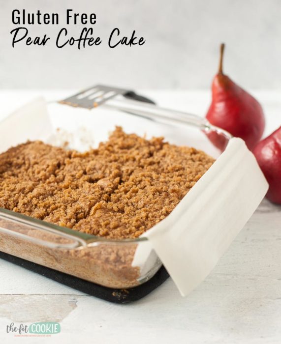 dairy free gluten free coffee cake topped with streusel in a glass baking pan