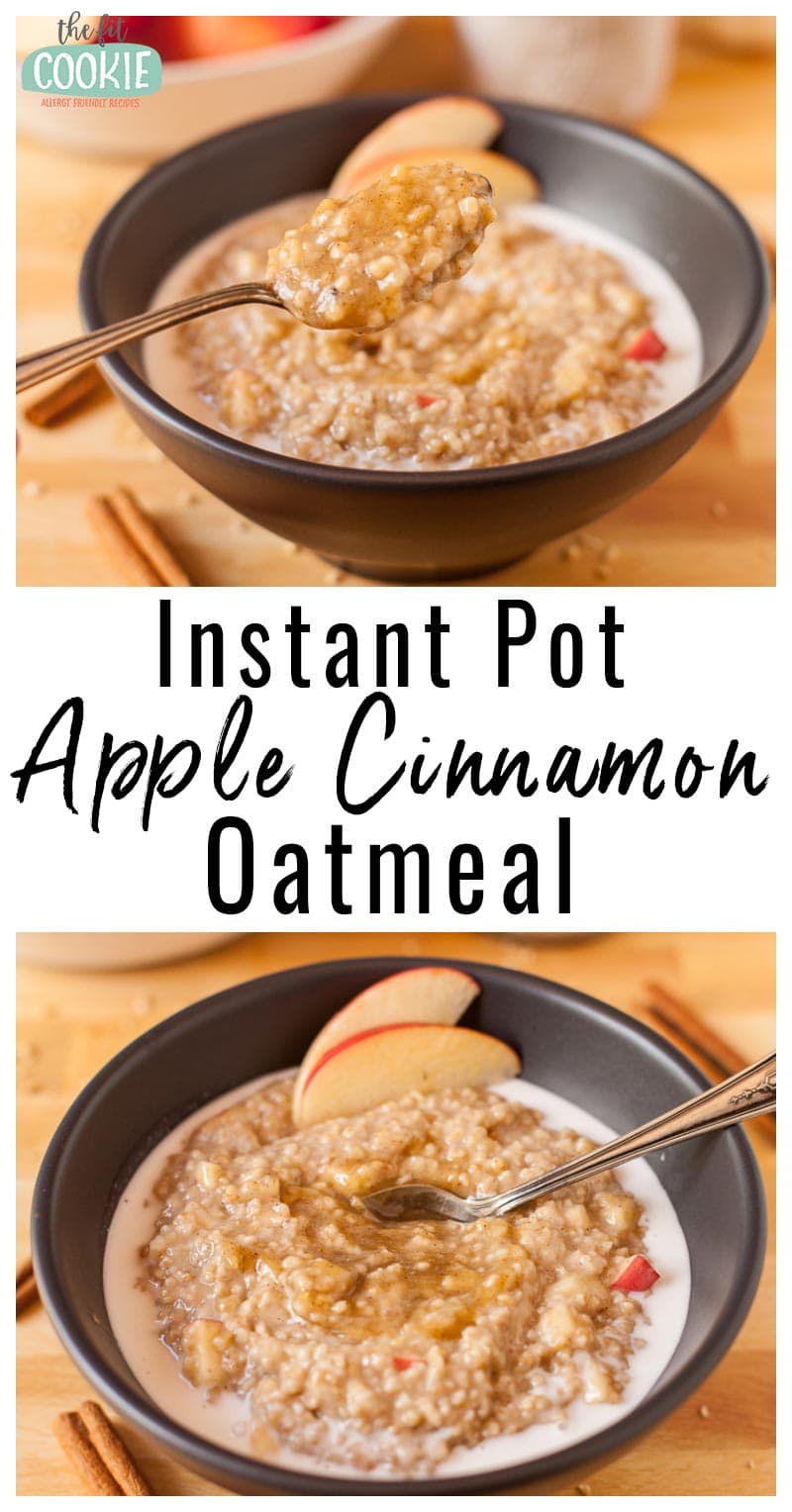 photo collage of instant pot apple cinnamon oatmeal in a black bowl