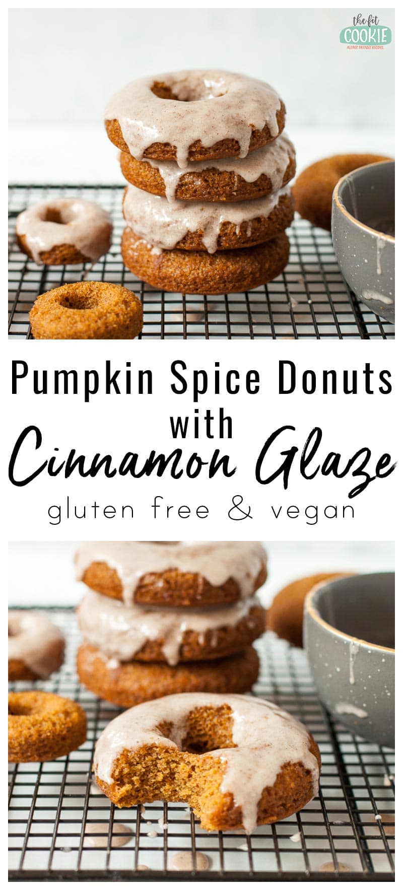 photo collage of gluten free pumpkin donuts with cinnamon glaze