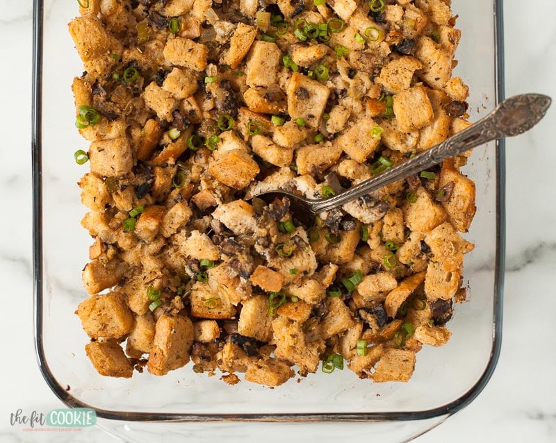 glass pan of gluten free stuffing for the holidays
