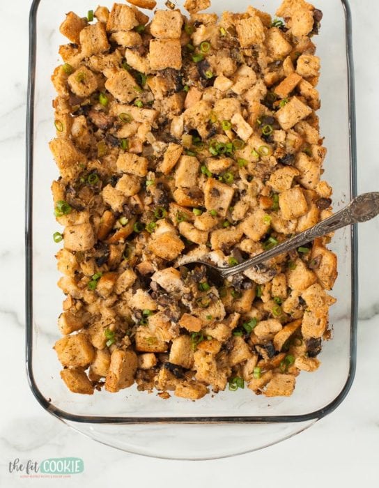overhead photo of gluten free dairy free thanksgiving stuffing 