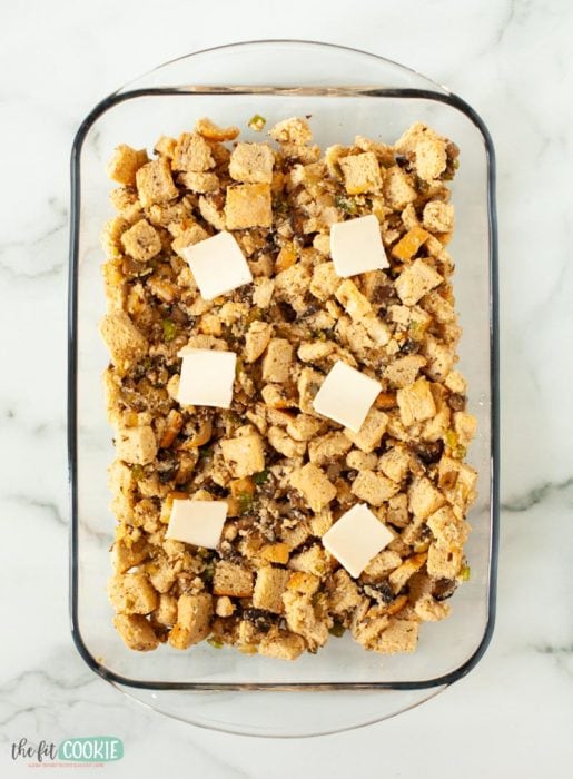 unbaked pan of allergy friendly stuffing for thanksgiving or christmas