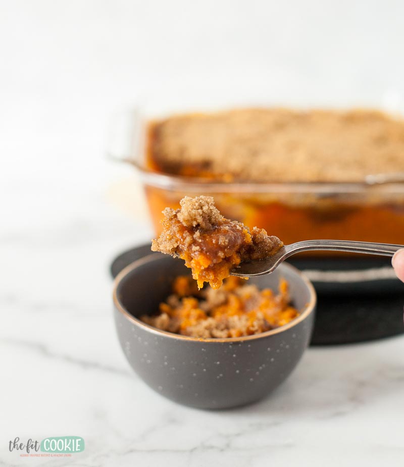 dairy free and nut free sweet potato casserole on a fork
