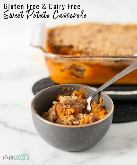 allergy friendly sweet potato casserole in a gray cup on a fork