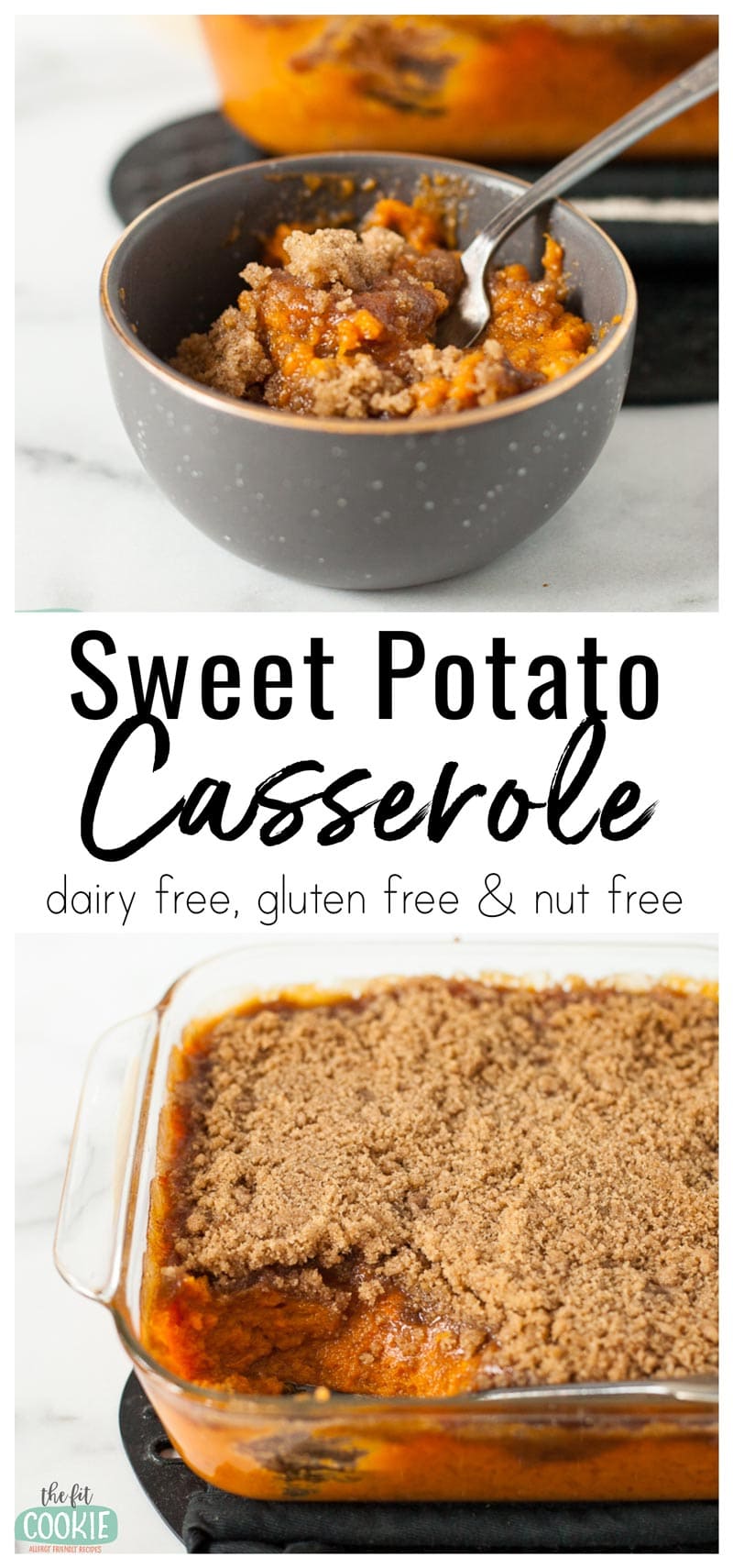 photo collage of sweet potato casserole in a gray bowl with a spoon