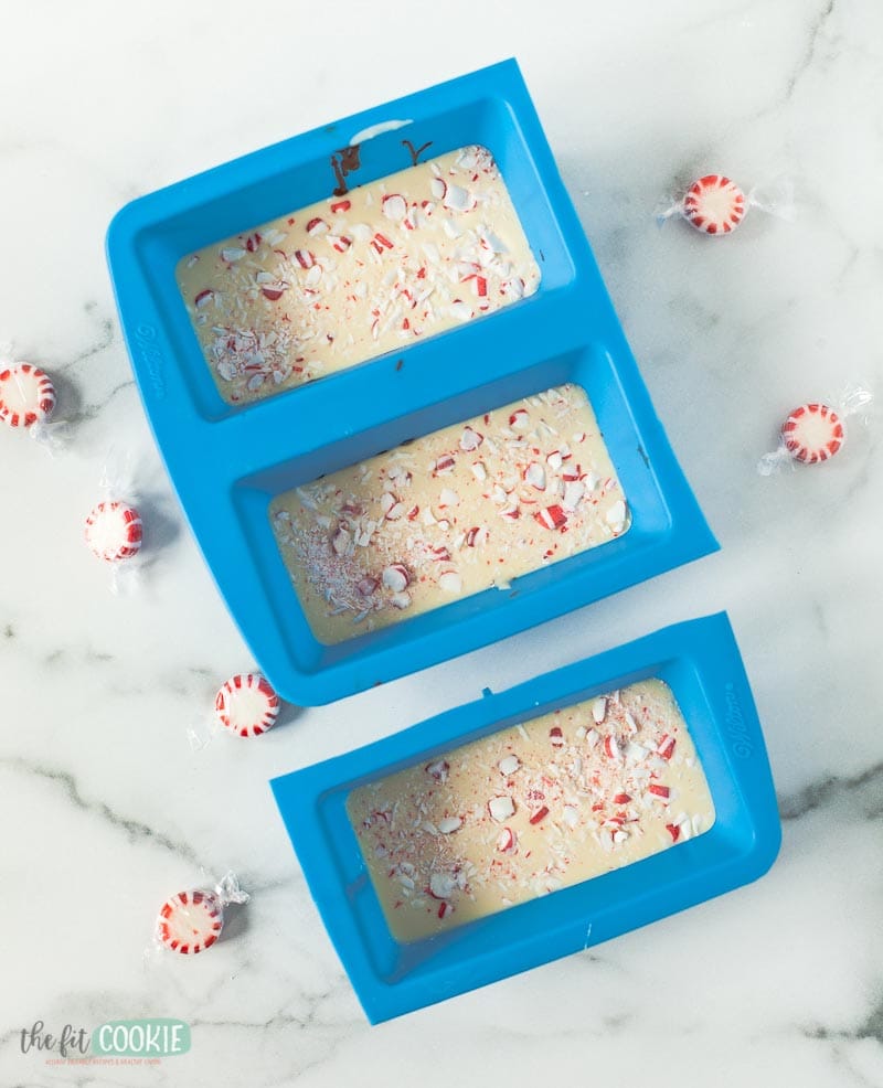 christmas candy bark in blue silicone mini loaf pans