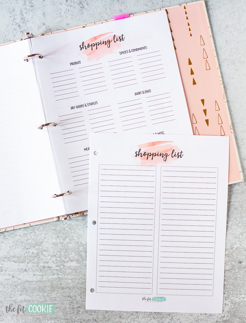 shopping list pages in a 3 ring binder