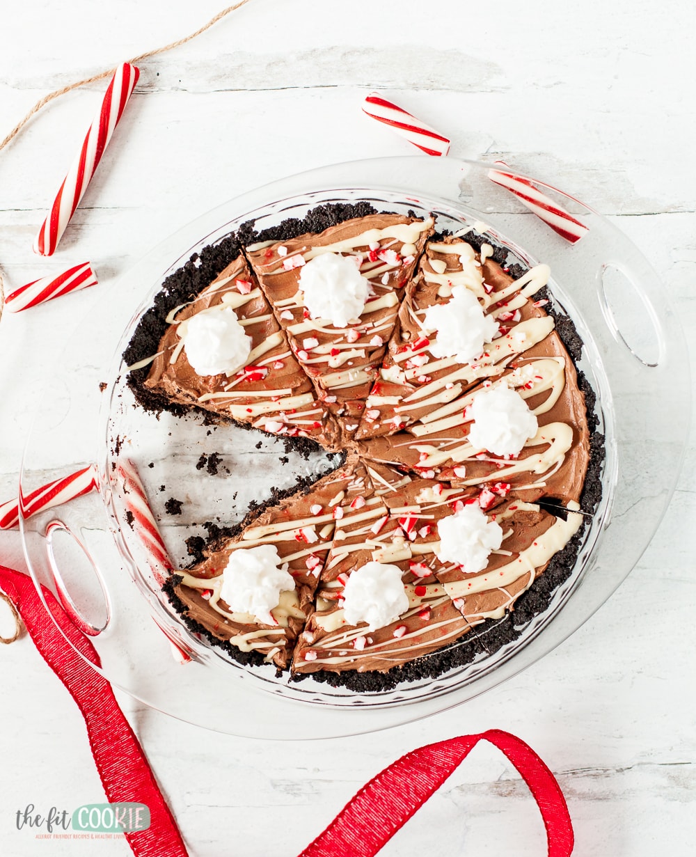 holiday themed gluten free chocolate peppermint cheesecake 