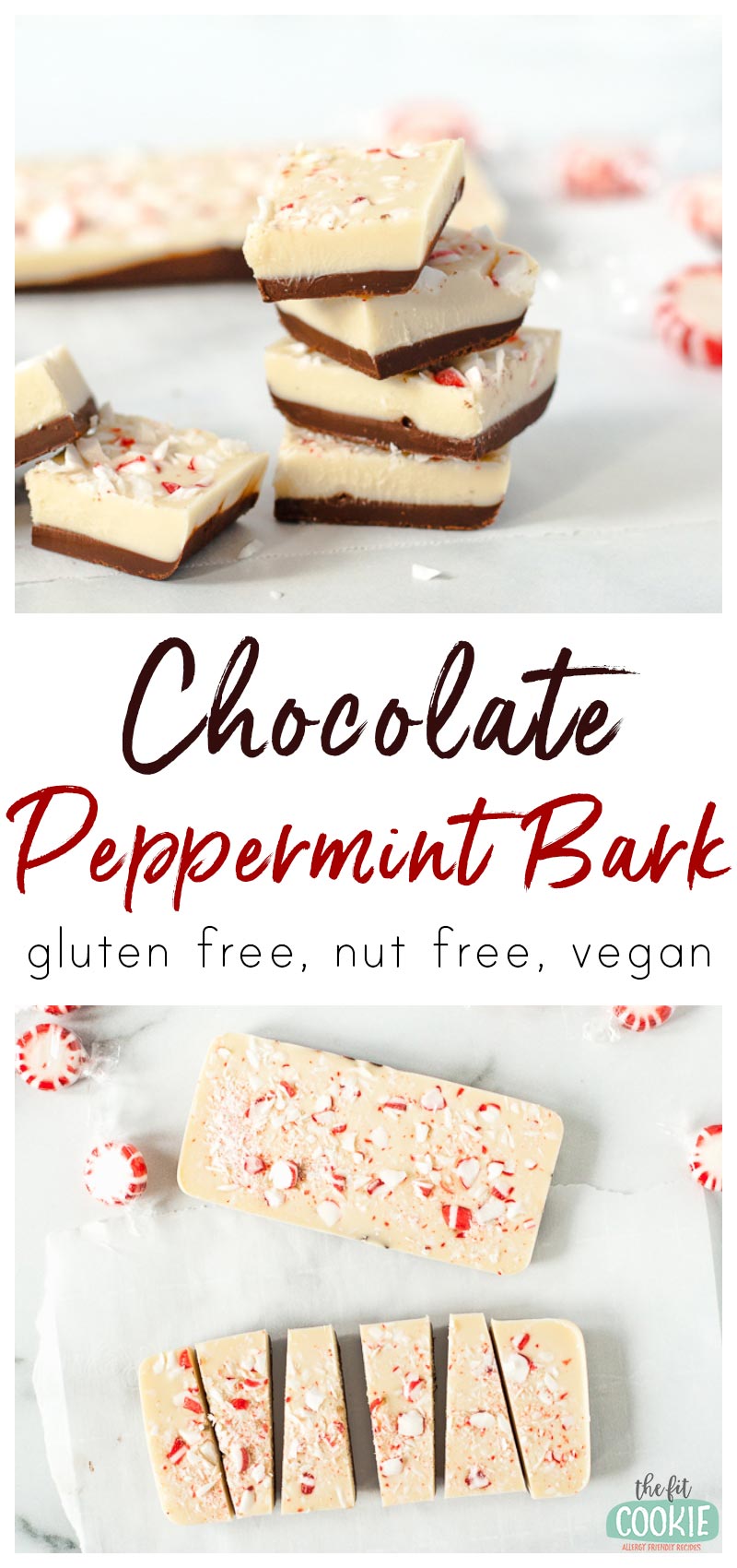 photo collage of layered vegan peppermint bark