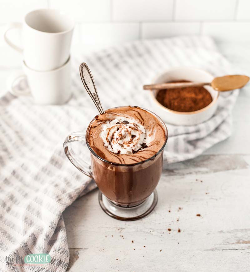 hot cocoa in a glass mug
