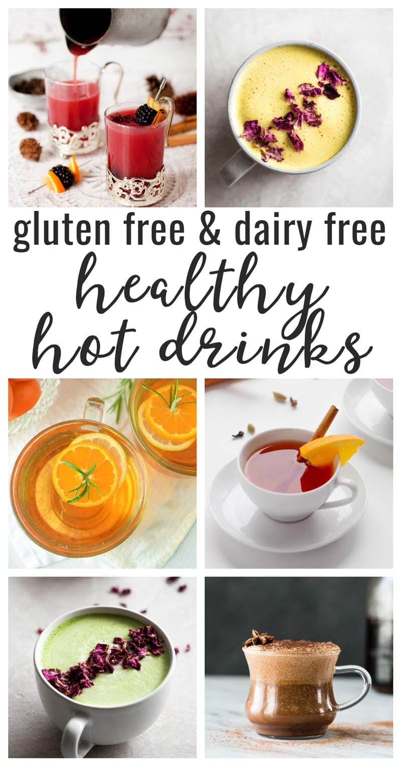 photo collage of healthy hot drinks made without dairy and gluten 