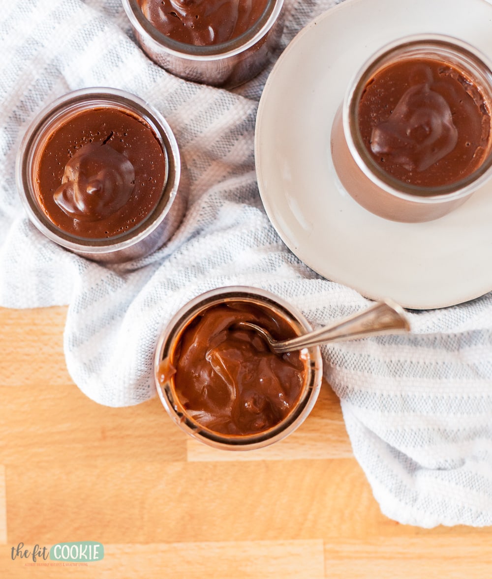 overhead photo of pudding in glass jars