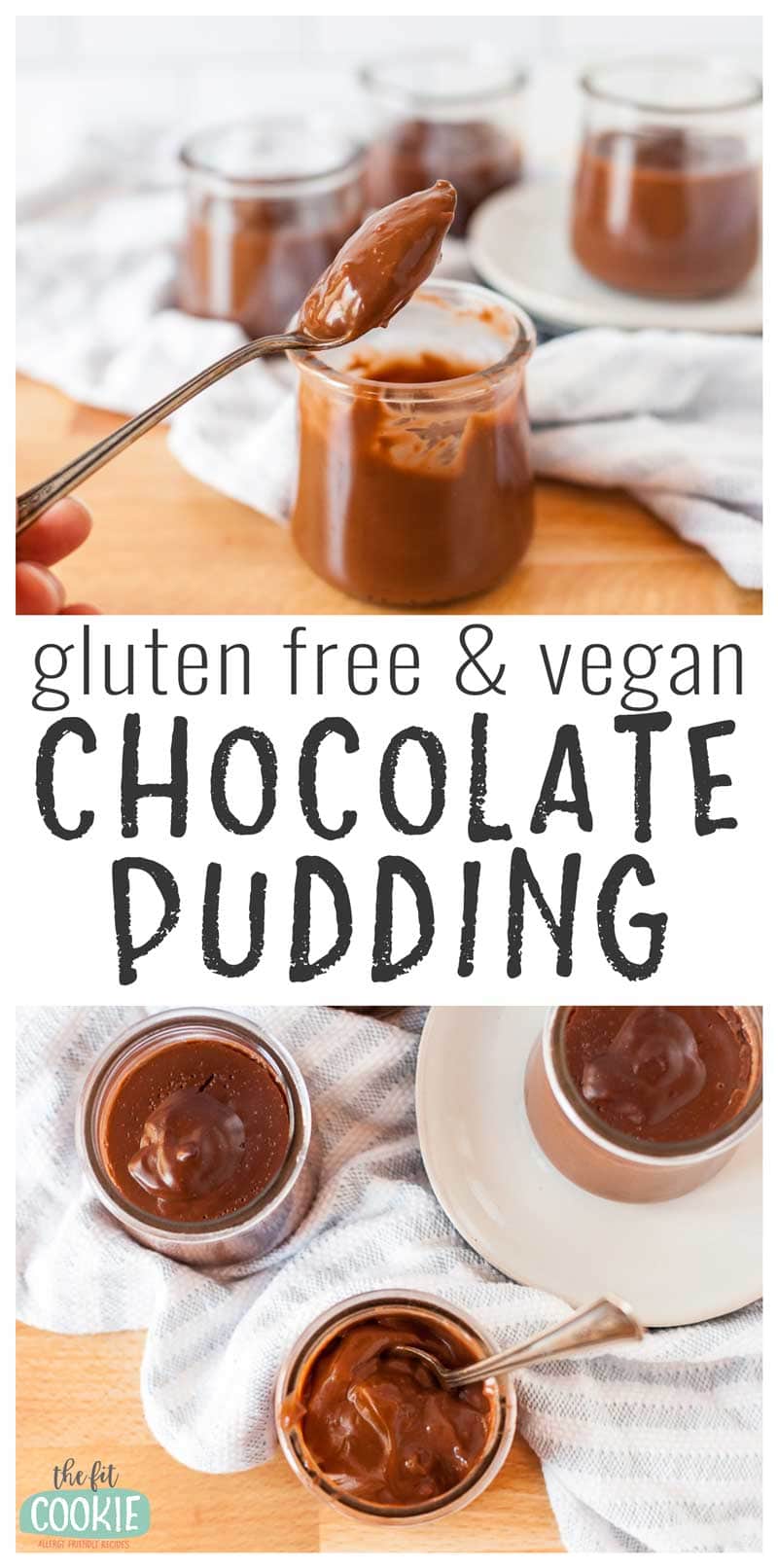 photo collage of dairy free chocolate pudding in jars