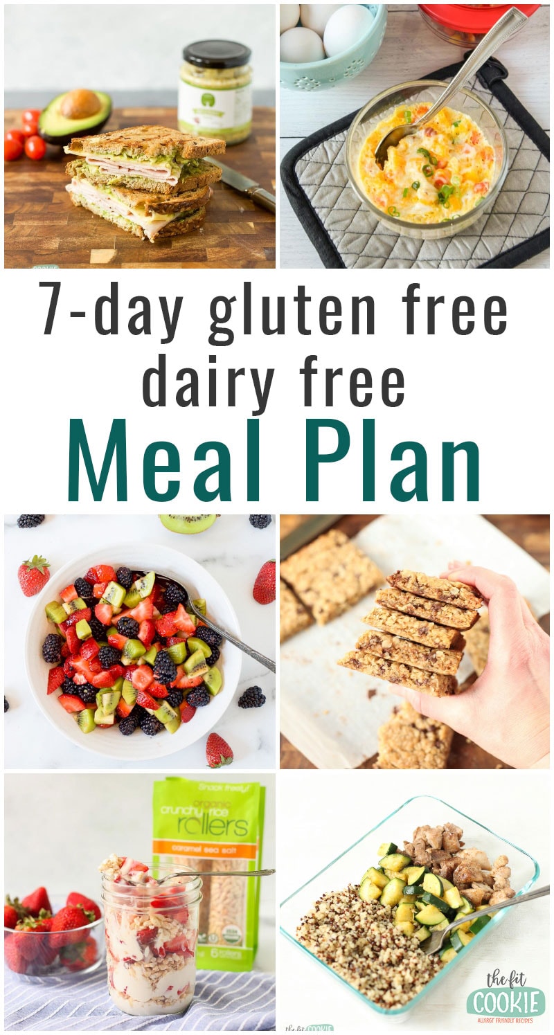 image collage with text overlay "7-day gluten free dairy free meal plan"