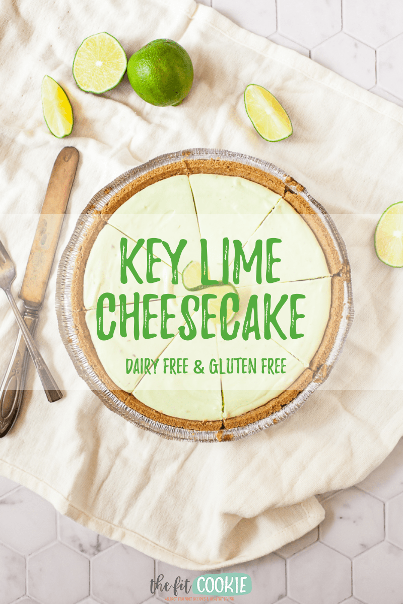 Overhead photo of key lime cheesecake with text overlay