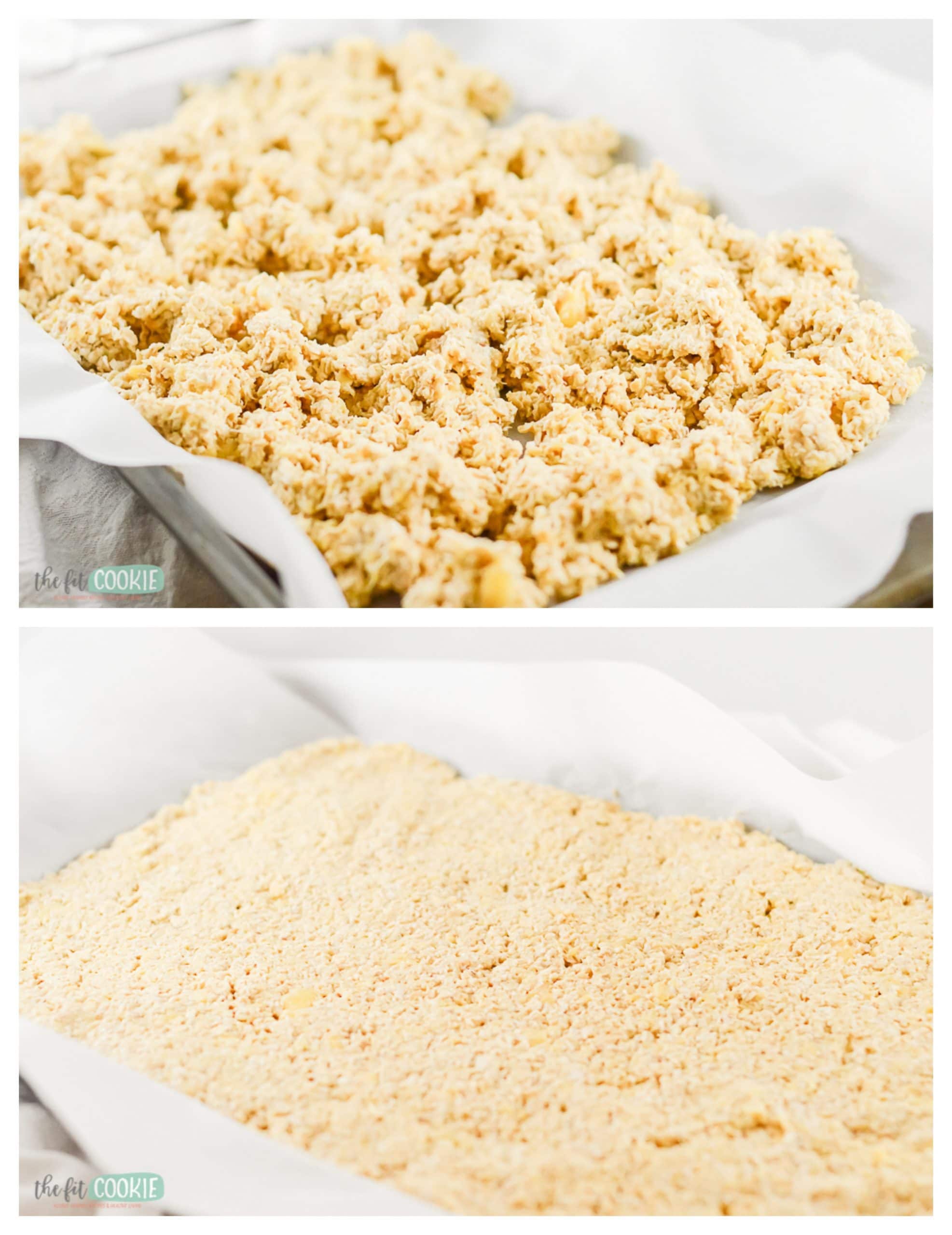 photo collage of pineapple snack bar mixture in a pan with parchment paper