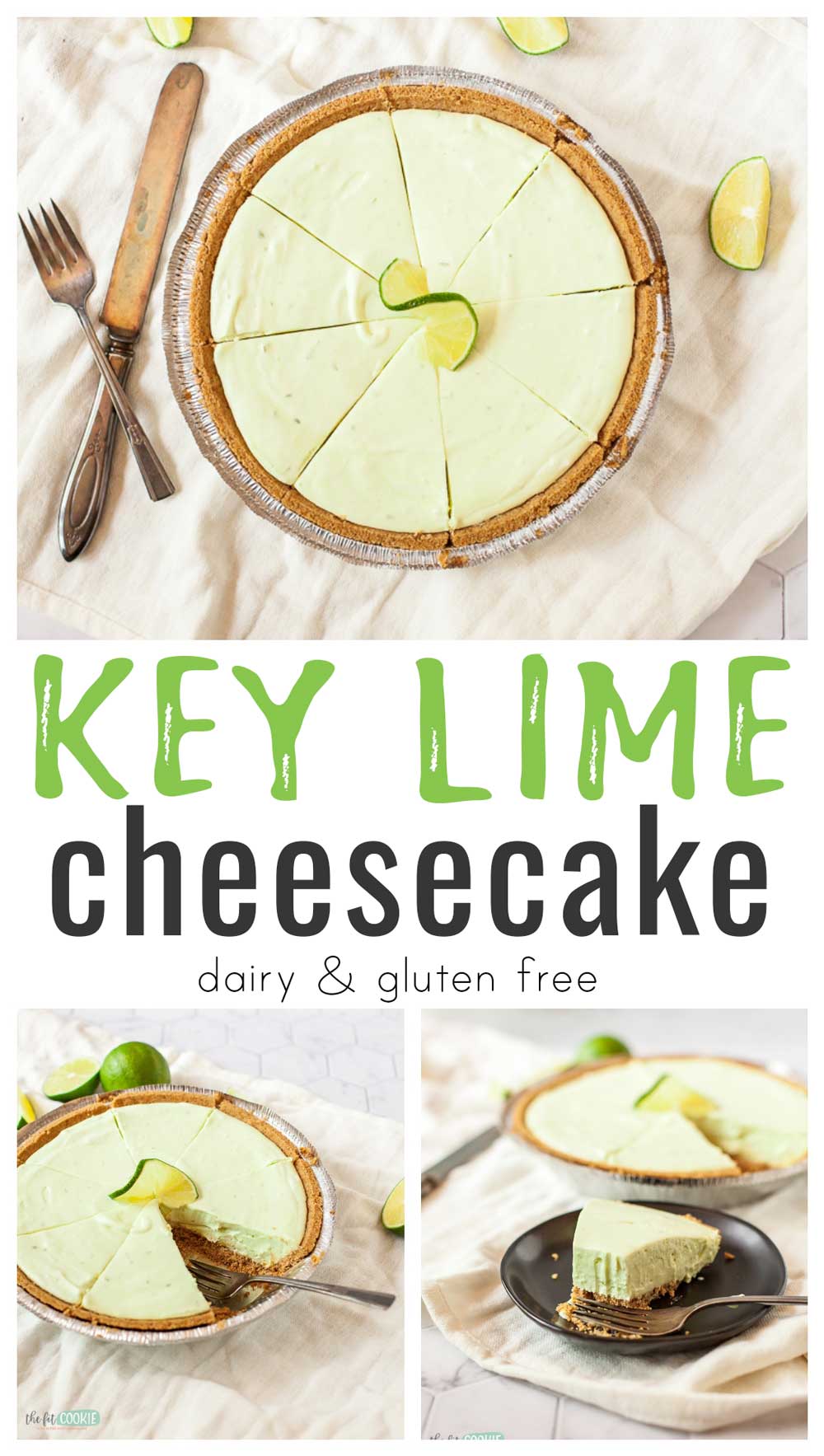 photo collage of dairy free key lime cheesecake with text overlay