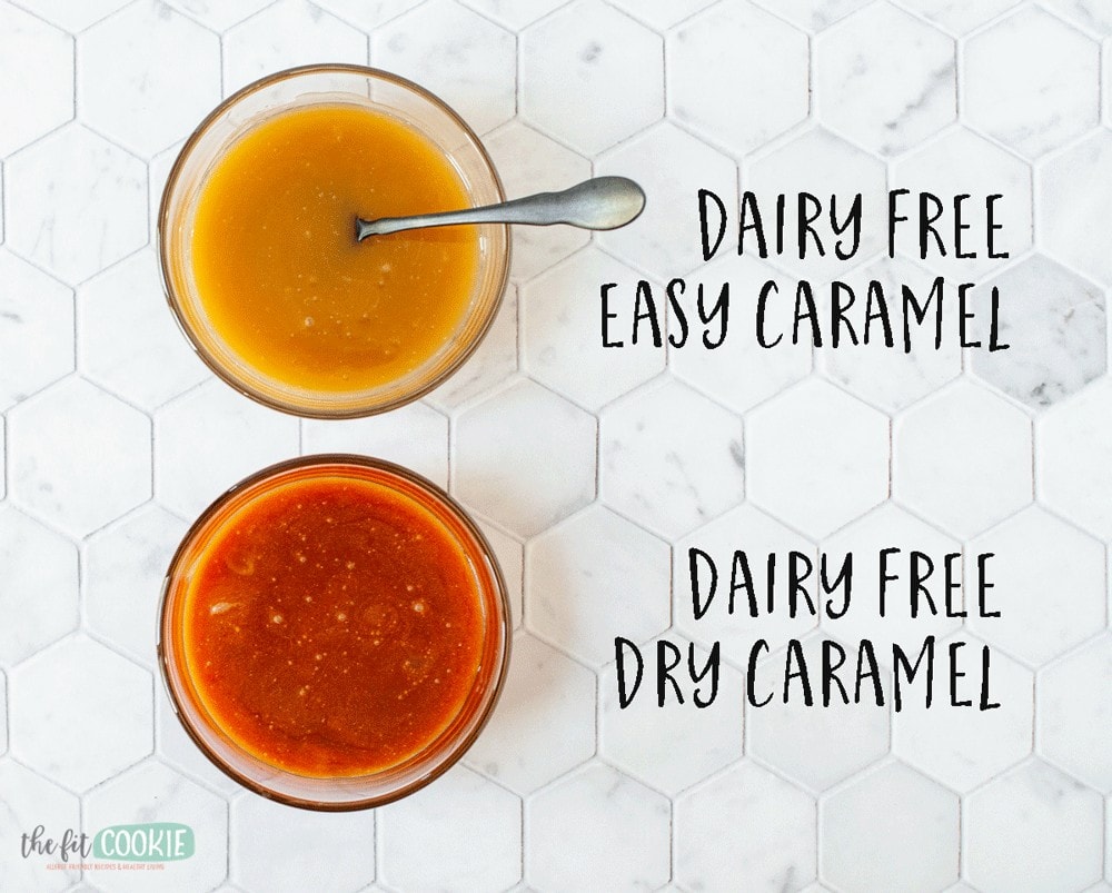 comparison of 2 kinds of dairy free caramel in glass cups