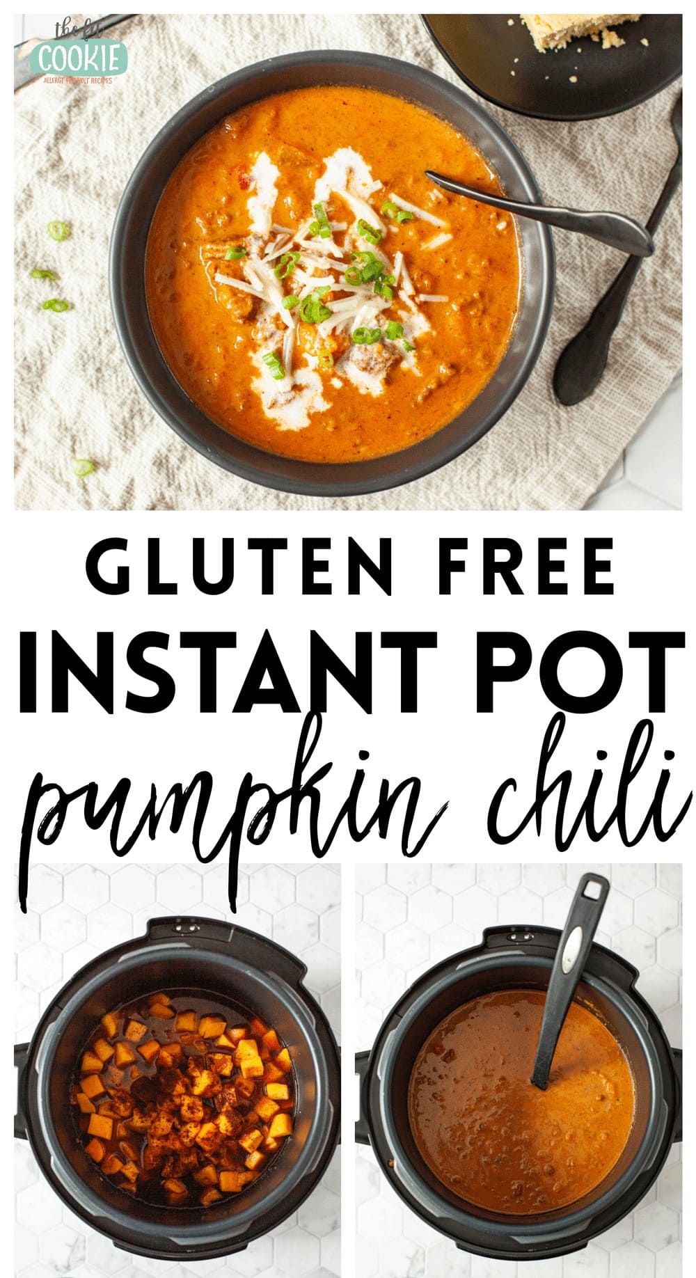 photo collage of pumpkin chili in black bowls