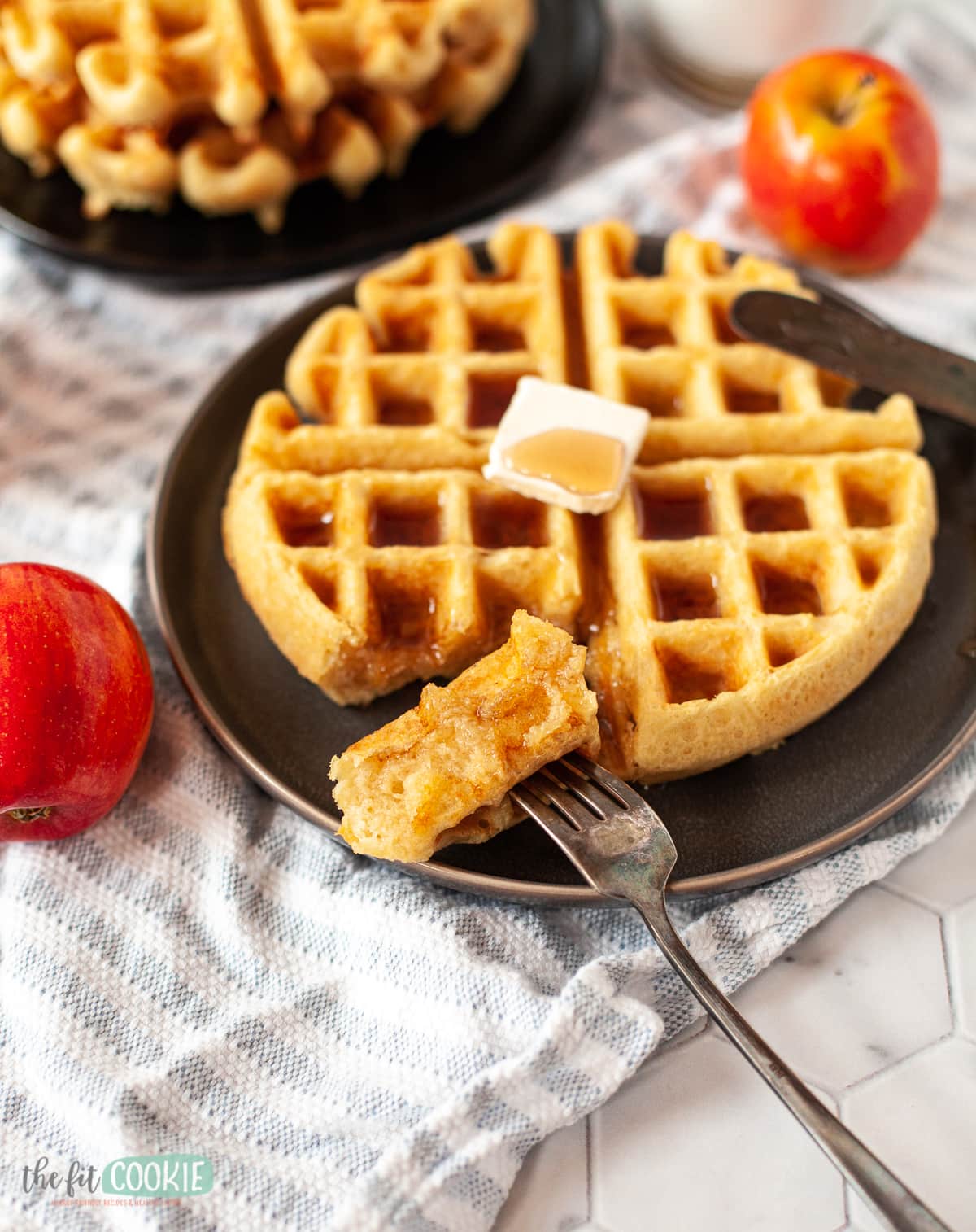 gluten free waffles with a piece on a fork